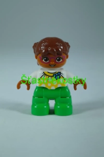 LEGO® DUPLO figurka, dívka, bílý top se žlutým vzorem a modrou mašlí