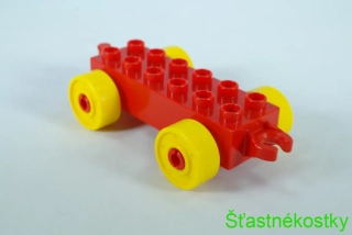 LEGO® DUPLO® základ vozu 2x6 červený se žlutými koly s šrouby a otevřeným koncem závěsu